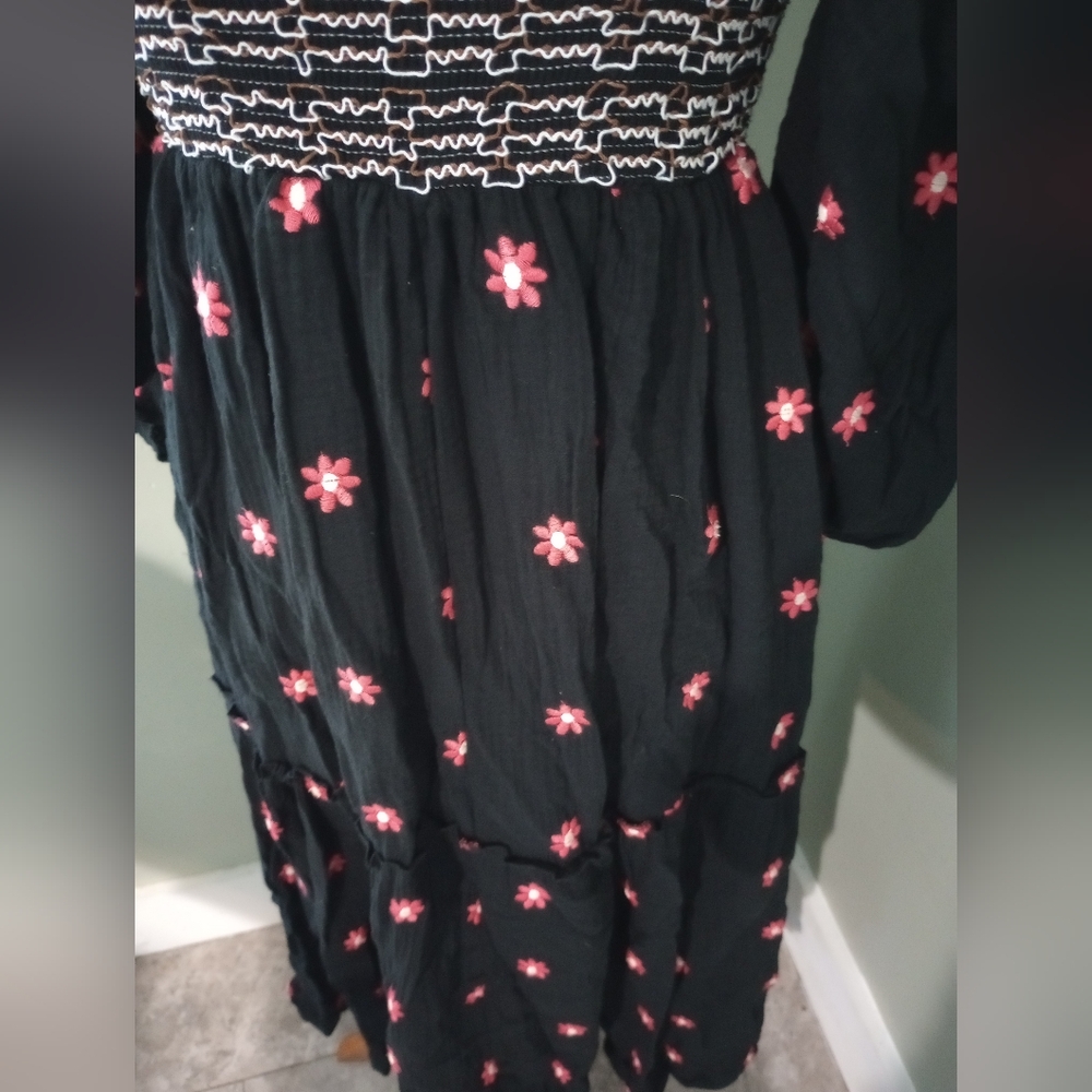 Renaissance Boho Black Smocked Ruffle Dress L Large - Picture 9 of 11